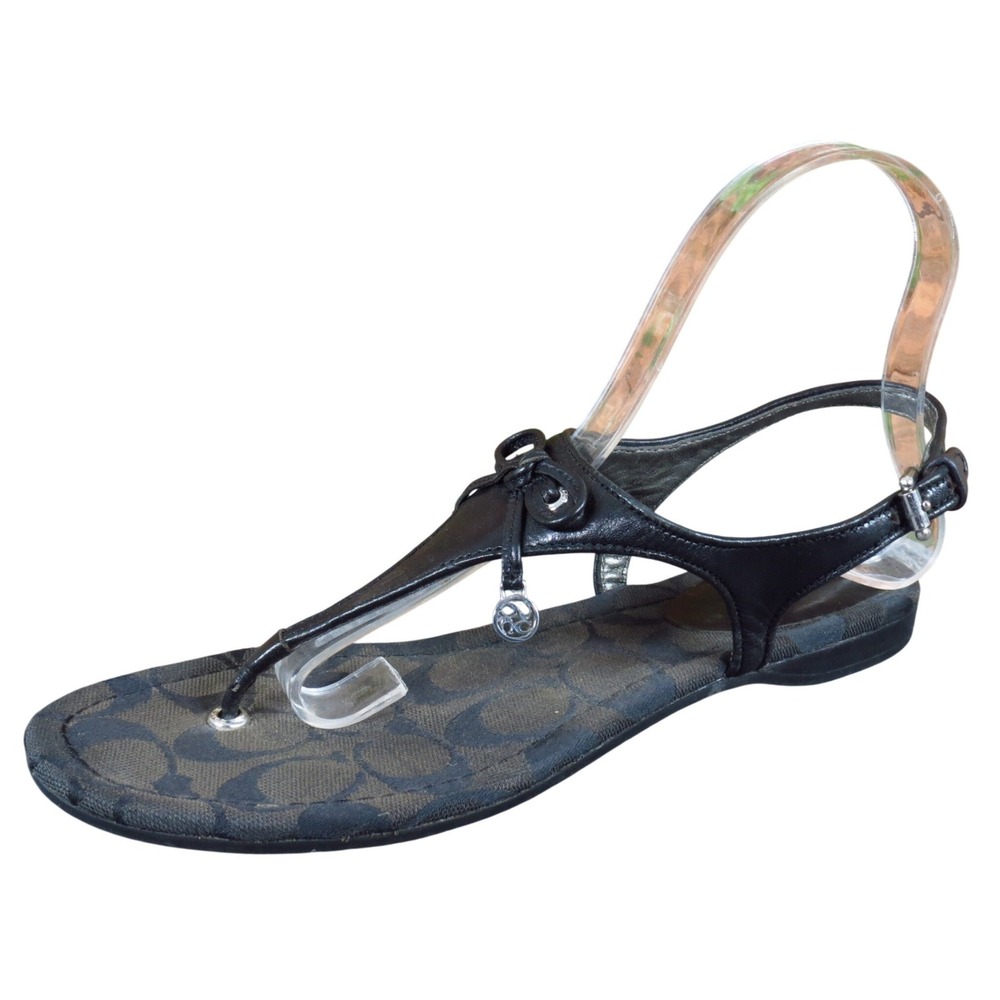 Coach Sylvianne Women Sandal Size 8 Casual Summer T-Strap Flat Black Leather